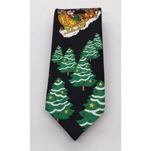 Hallmark Christmas Necktie Polyester Holiday Traditions Black Green Tree & Santa